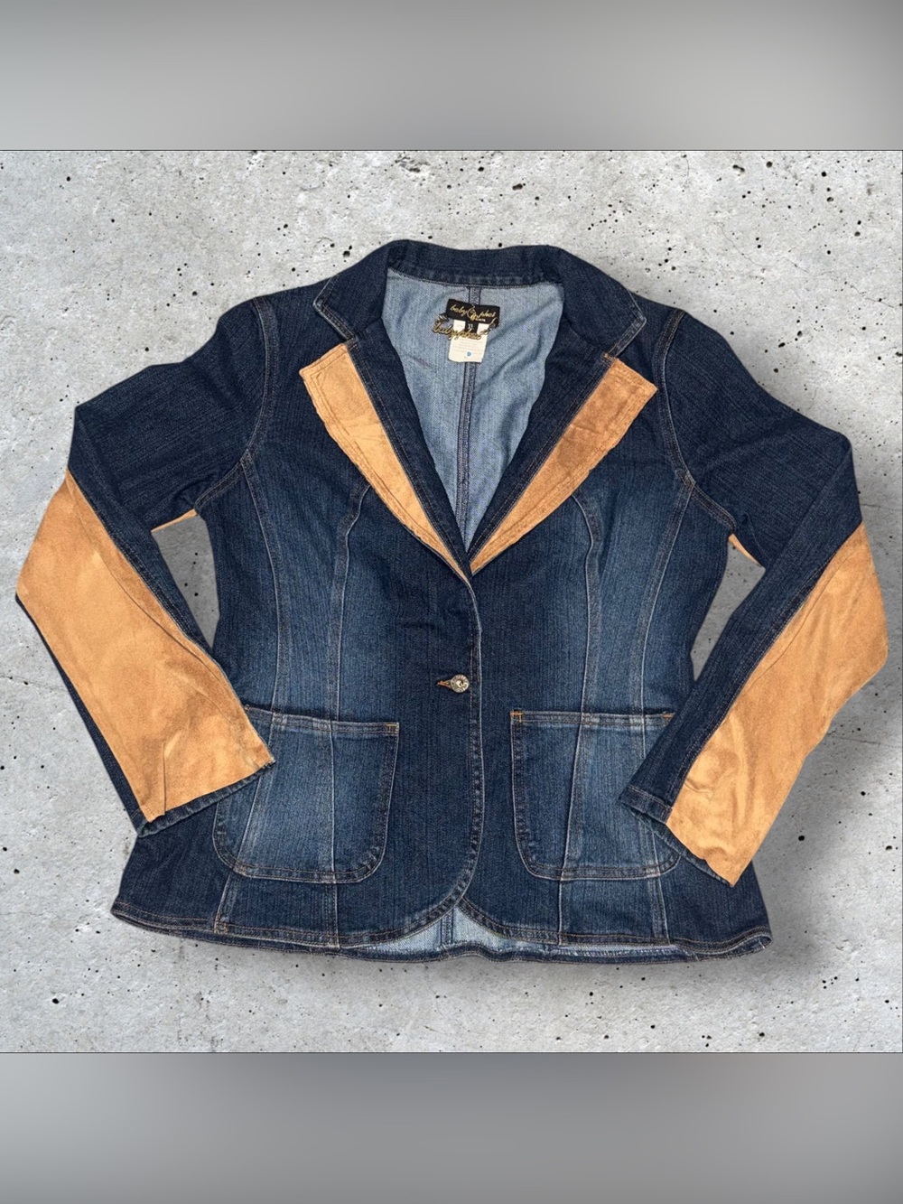 Vintage y2k Baby Phat Dark Blue Denim Blazer with Tan Suede Accents